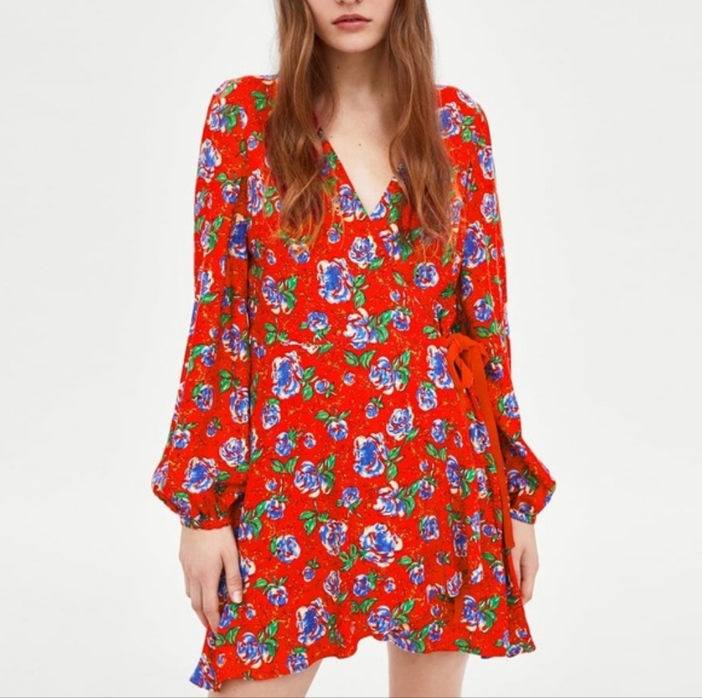 Zara Foral Red Wrap Romper Dress Size: Small